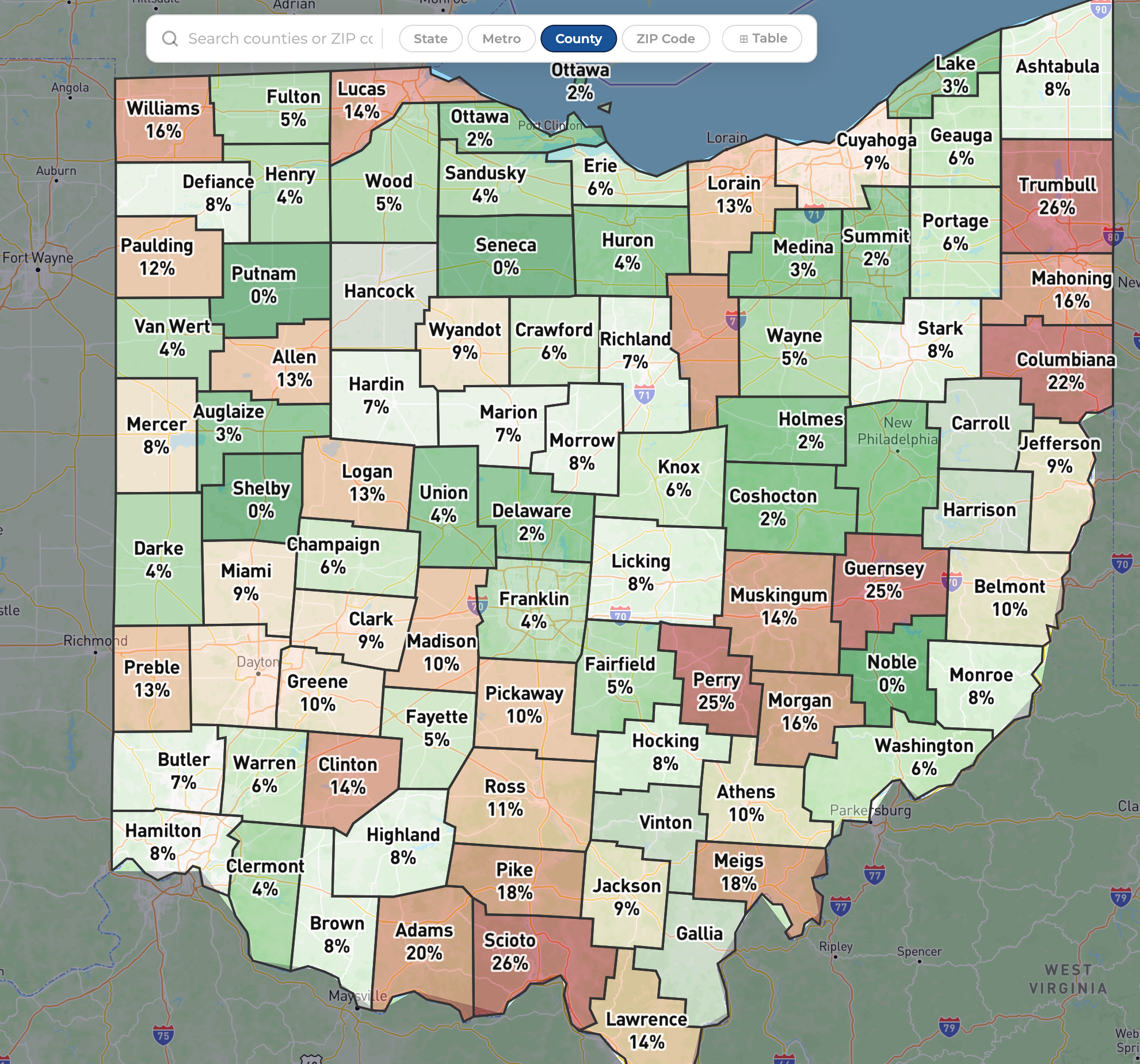 Map of Ohio showing property tax delinquency rates by county
